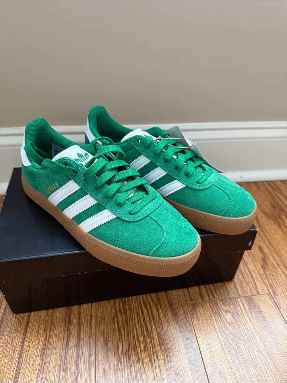 adidas green gazelles with White Stripes and Gum Sole
